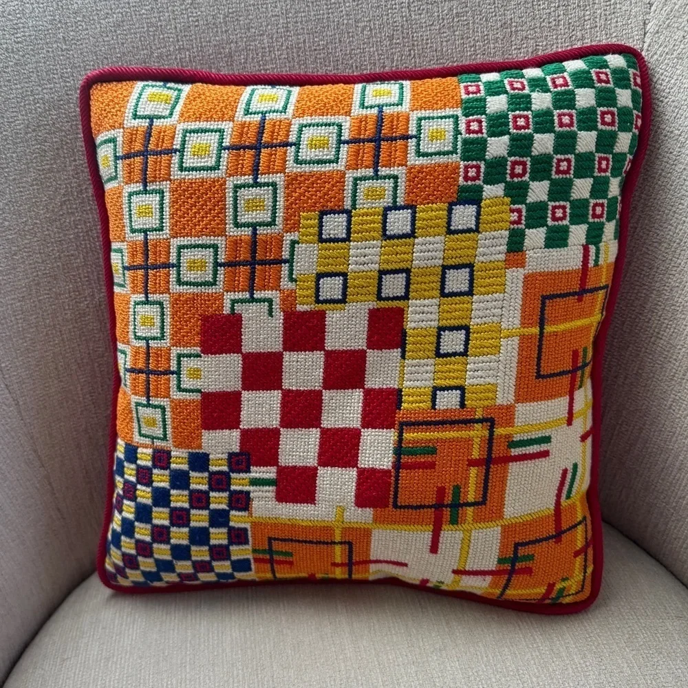 Needlepoint pillow colorful avantgarde abstract shapes checkered handmade square